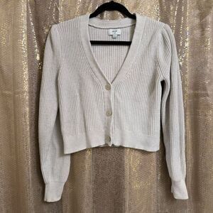 Aerie Cropped Cardigan Cream Beige Chunky Knit Balloon Sleeves Medium